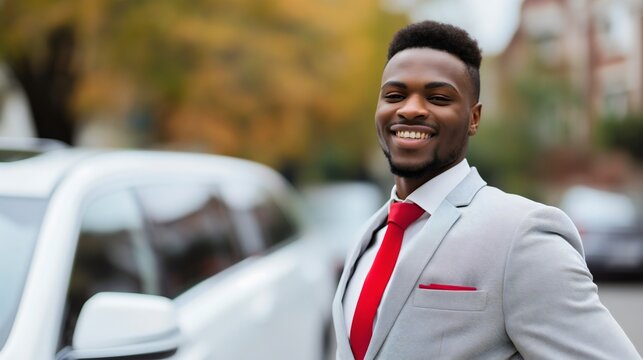 A handsome young businessman wearing an elegant gray suit with white shirt, standing next to his luxurious and expensive car. Rich African American guy. Private professional chauffeur driver