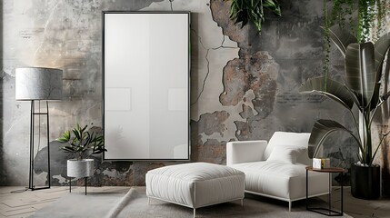 A mockup poster blank frame hanging above a designer floor mirror, Scandinavian living area