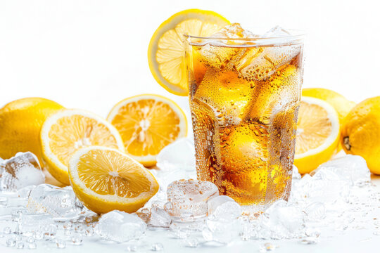 Glass of ice tea with lemon on white background.