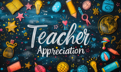 Vibrant Teacher Appreciation Day celebration banner with colorful educational doodles and calligraphy on a chalkboard background