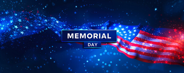 Patriotic Memorial Day Banner with American Flag, Stars, and Stripes, Honoring Military Service on a Dark Blue Gradient Background - obrazy, fototapety, plakaty