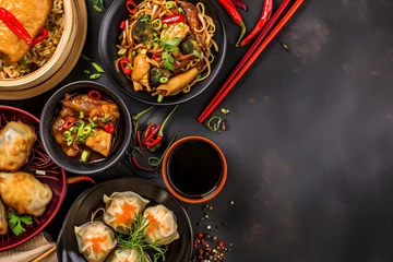 Poster chinese food dark background, noodles, fried rice, dumplings, peking duck, herbs, dim sum, spring rolls, chopsticks, top view, dark background © -=RRZMRR=-