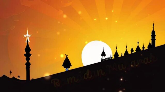 textual Islamic background - Ramadan Mubarak with silhouette of a mosque, beginning of fasting month for Muslims 