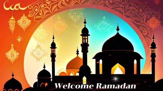 textual Islamic illustration in motion - Welcome Ramadan with mosque silhouette, beginning of fasting month for Muslims