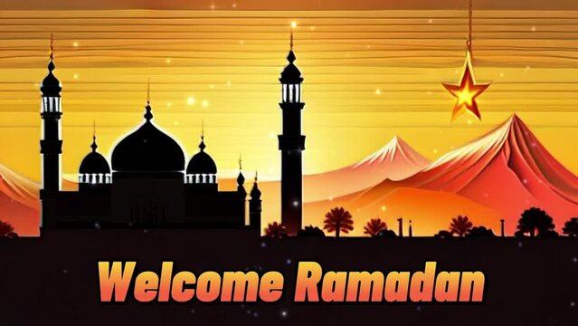 textual Islamic illustration in motion - Welcome Ramadan with mosque silhouette, beginning of fasting month for Muslims