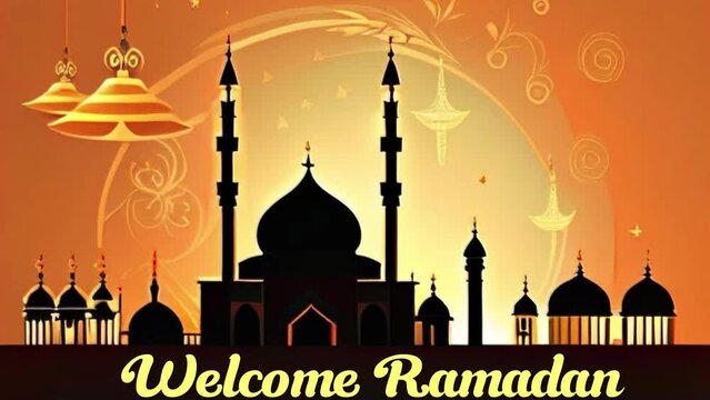 textual Islamic illustration in motion - Welcome Ramadan with mosque silhouette, beginning of fasting month for Muslims