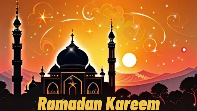 textual Islamic background - Ramadan Kadeem with mosque and crescent moon backdrop, beginning of fasting month for Muslims