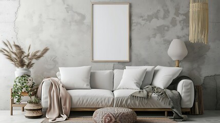 A mockup poster blank frame hanging above a cozy loveseat, Scandinavian living area