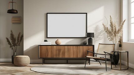 A mockup poster blank frame hanging above a contemporary sideboard, Scandinavian living area