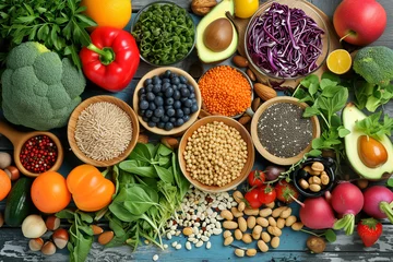 Poster vegan nutrition with fruits, nuts, vegetables, whole wheat pasta, herbs, foods high in omega-3, antioxidants, anthocyanins, vitamins, © -=RRZMRR=-