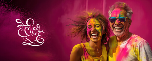 A joyful couple playfully posing for a photo booth picture in colorful paint. Fictional character created by Generative AI. 