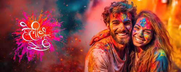 A joyful couple covered in colorful paint splatters, smiling and hugging each other. Fictional character created by Generative AI.  - obrazy, fototapety, plakaty