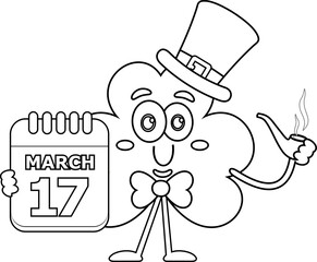 Outlined St. Patrick's Clover Leaf Cartoon Character Holding Calendar And Pipe. Vector Hand Drawn Illustration Isolated On Transparent Background