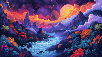 Brightly Colored Psychedelic Landscapes Surrealistic and Vibrant Design.