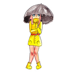 Girl under an umbrella - real hand drawn watercolor illustration