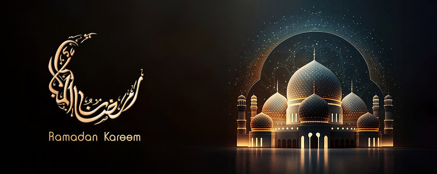 Amazing architecture design of shiny muslim mosque, ramadan mubarak concept, Generative AI. Shiny lights.
