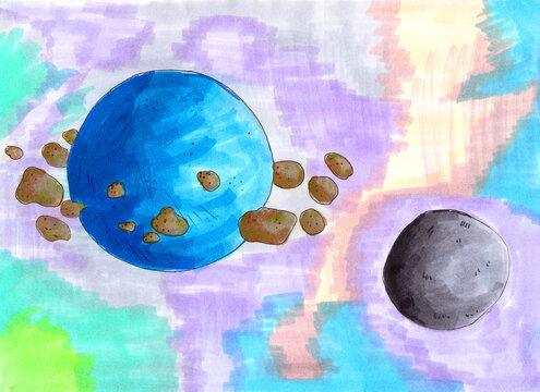Illustration of space with planets - real drawing with water markers