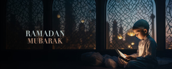 A Young Muslim Boy Reading the Quran by the Light of a Mosque at Night, Fictional character created by Generative AI.  - obrazy, fototapety, plakaty