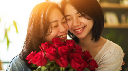 Happy asian young lesbian couple together holding flowers. Engagement celebration. Pride concept. Generative AI