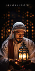 Arab Man in Bedroom Praying next to a Light, Fictional character created by Generative AI. 