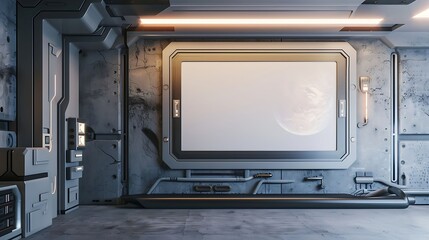 A Mock up poster frame in futuristic sci-fi interior background with high-tech gadgets 3D render