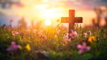 cross placed in a flowery field at sunset, spring, easter and  Ash Wednesday concept, horizontal background, copy space for text  - obrazy, fototapety, plakaty