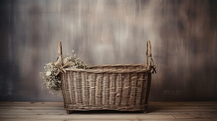 Backdrop with handmade wicker basket, vintage wooden.