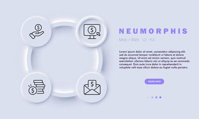 Currency line icon. Web platform, mobile app, coin, dollar, mail, letter, monitor, hand. Neomorphism style. Vector line icon for business and advertising