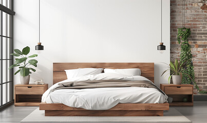 Drewniane łóżko na tle pustej białej ściany z miejscem do kopiowania. Skandynawska stylistyka, nowoczesna sypialnia 