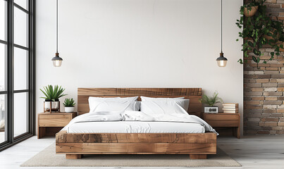 Drewniane łóżko na tle pustej białej ściany z miejscem do kopiowania. Skandynawska stylistyka, nowoczesna sypialnia  - 740676590