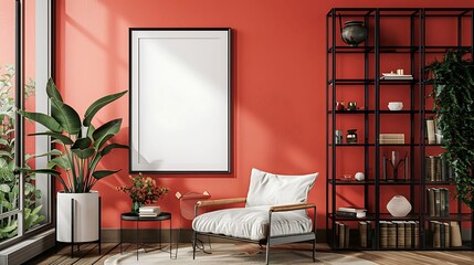 A mockup poster blank frame hanging on a vibrant coral feature wall, above a contemporary glass bookcase, Minimalist-style living area