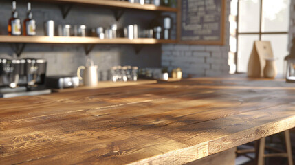 Homey cafe background and side view Wooden table using for product presentation.