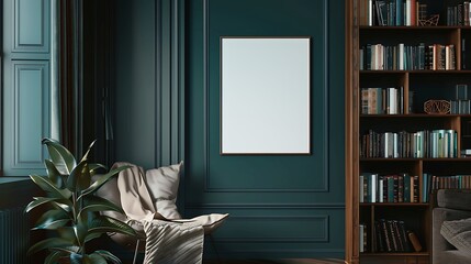 A mockup poster blank frame hanging on a tranquil teal accent wall, above a trendy asymmetrical bookshelf, Minimalist-style living area