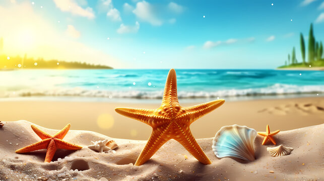 Starfish background, peaceful coast scene with gentle waves