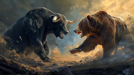 Stock market concept - Bull and bear - obrazy, fototapety, plakaty