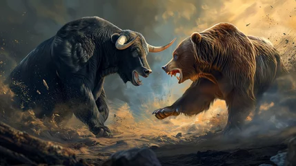 Fotobehang Stock market concept - Bull and bear © 4memorize