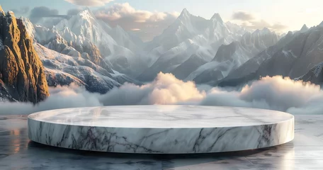 Foto auf Glas Mountain landscape with a marble platform in the foreground. © Henryz