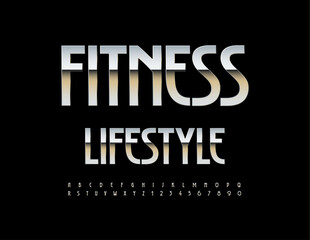 Vector modern logo Fitness Lifestyle. Cool Metallic Font. Elegant Silver Alphabet Letters and Numbers set.