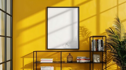 A mockup poster blank frame hanging on a sunny mustard yellow wall, above a sleek metal bookshelf, Minimalist-style living area