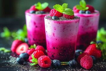 pink cocktails in transparent glasses, layered smoothies made from berries and chia seeds, mint,...