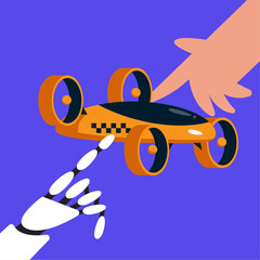 Drone Taxi. Human and AI collaboration in the production of flying taxis. Flat vector illustration.