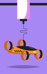 Drone Taxi. 3D printer prints a taxi quadcopter taxi. Flat vector illustration.