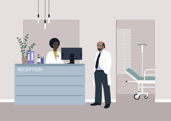 Serene Moment at the Hospital Reception With Doctor and Staff, A balding professor converses with a receptionist in the tranquil setting of a hospital lobby - obrazy, fototapety, plakaty