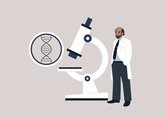 DNA digital code under the microscope, biotech and bio hacking, a senior scientist presenting a discovery