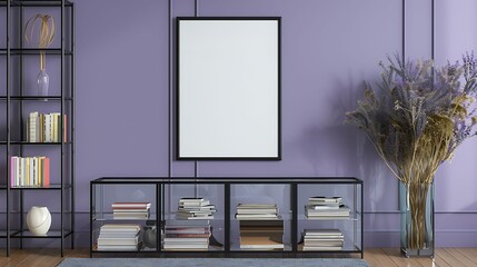 A mockup poster blank frame hanging on a soothing lavender wall, above a contemporary glass...