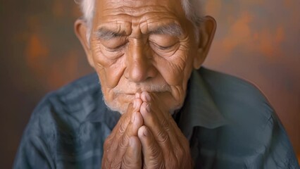 An elderly Hispanic man closes his eyes and prays for healing as he reflects on the trauma of his familys migration and the struggles they faced as immigrants, Old male Engaged in Prayer