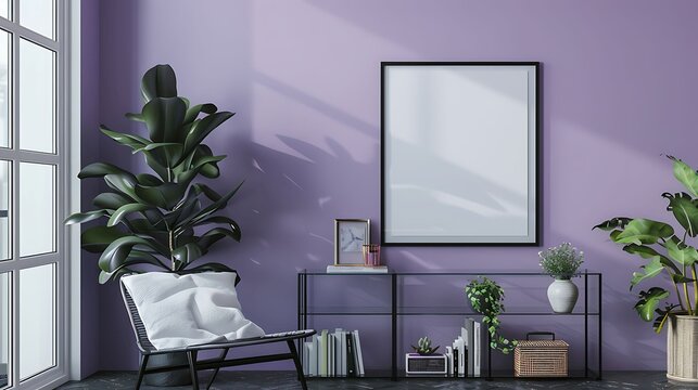 A mockup poster blank frame hanging on a soothing lavender wall, above a contemporary glass bookcase, Minimalist-style living area