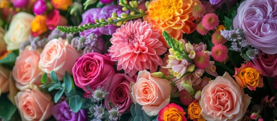 A beautiful arrangement of colorful flowers, including pink roses and other botanicals, adorns a table as a stunning bouquet - obrazy, fototapety, plakaty