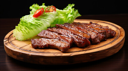 BBQ beef and pork steak garnished with green.