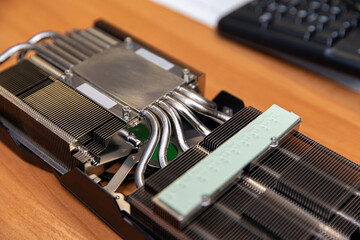 The cooling system in a powerful graphics card.